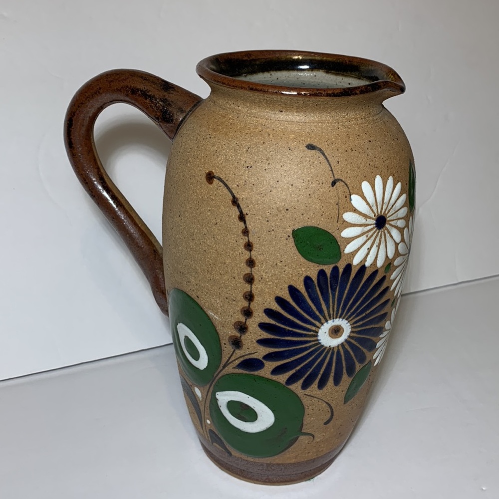 TACAT Mexico Folk Art Pitcher Vase Sandstone Tonala Pottery Vase 8” Floral